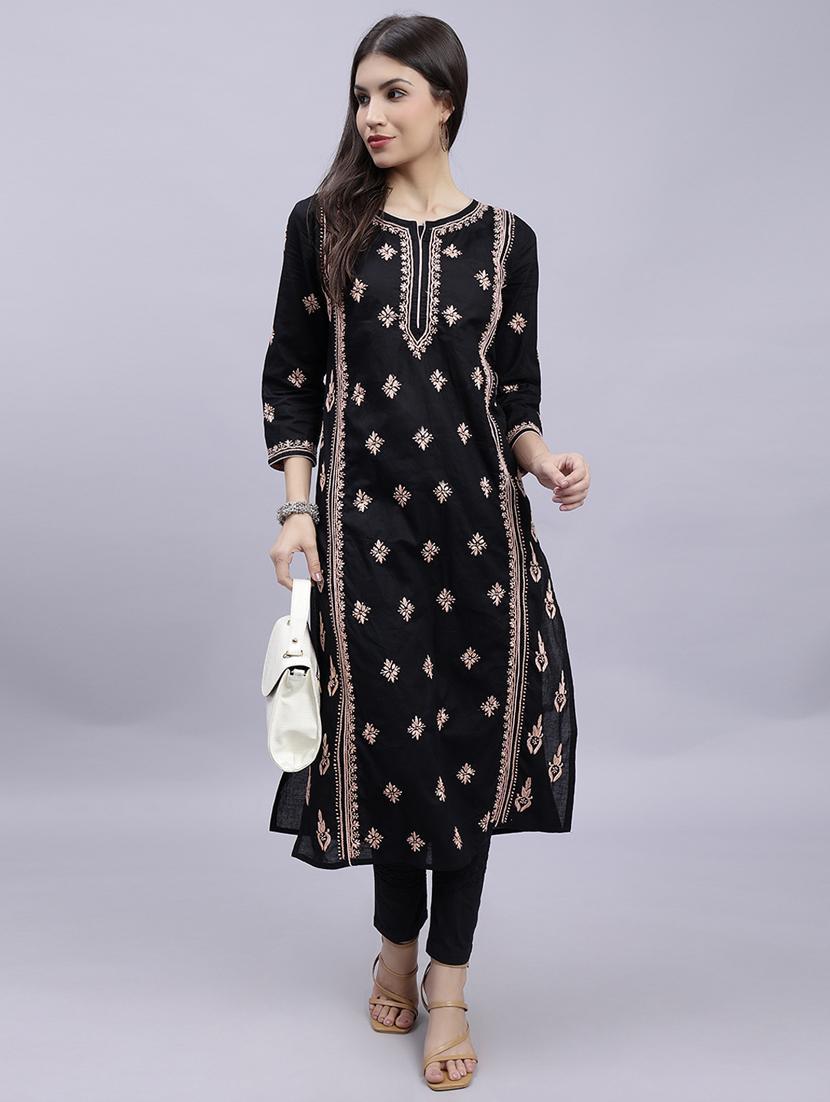 women chikankari three quarter sleeve straight kurta - 22053649 - Standard Image - 1