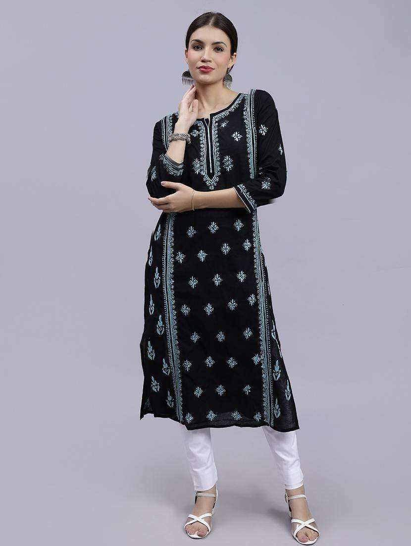 women chikankari three quarter sleeve straight kurta