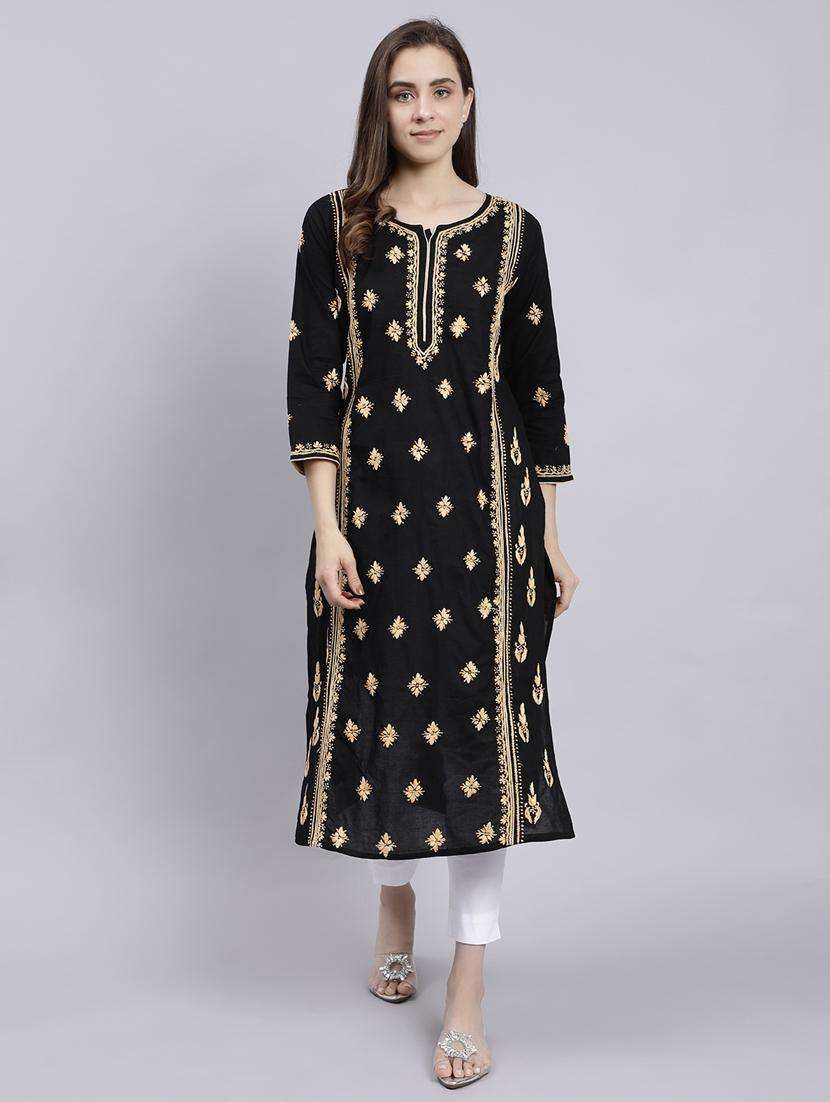 women chikankari three quarter sleeve straight kurta