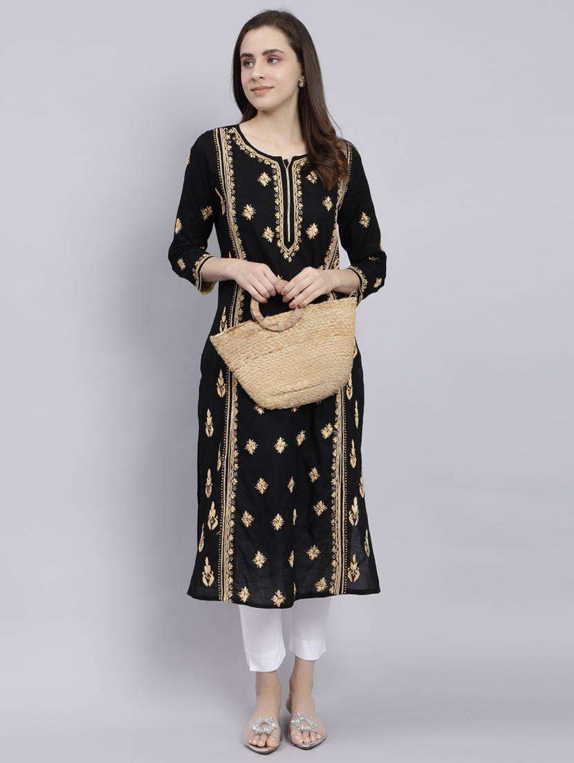 women chikankari three quarter sleeve straight kurta - 22053652 -  Standard Image - 1
