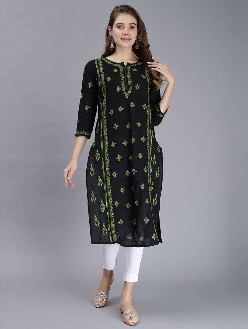 women chikankari three quarter sleeve straight kurta