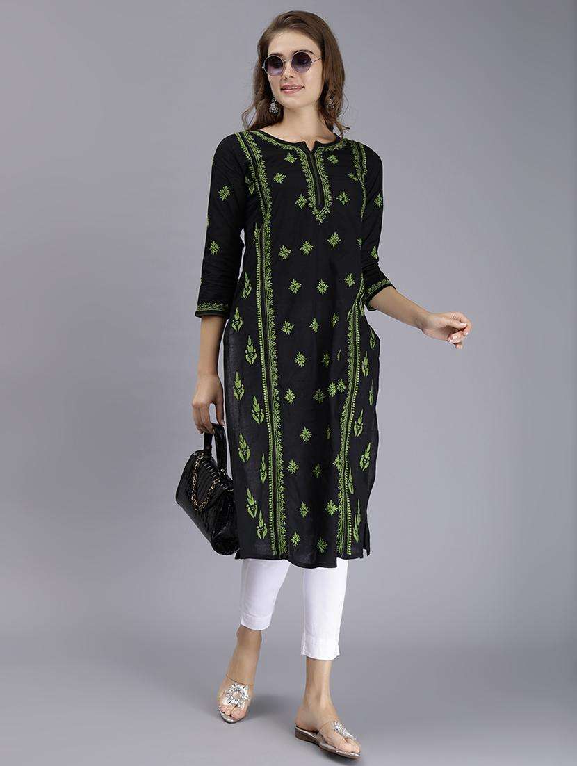 women chikankari three quarter sleeve straight kurta - 22053653 -  Standard Image - 1