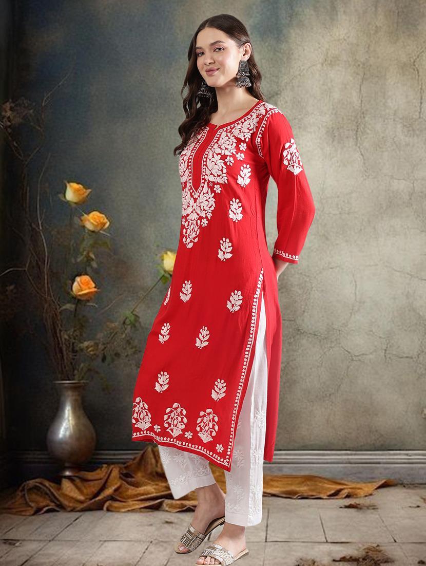 women chikankari three quarter sleeve straight kurta - 22053654 - Standard Image - 1