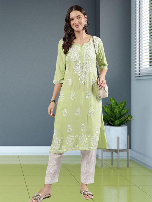 women chikankari three quarter sleeve straight kurta - 22053655 - Standard Image - 0