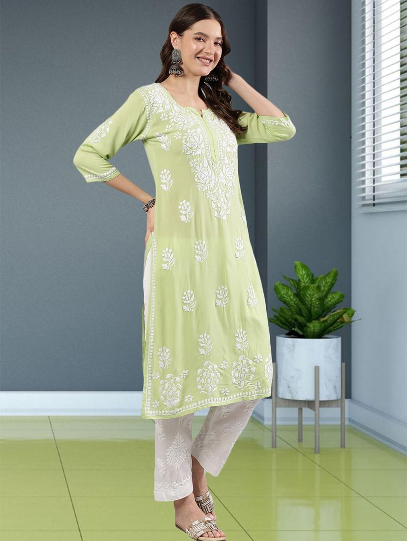 women chikankari three quarter sleeve straight kurta - 22053655 -  Standard Image - 1