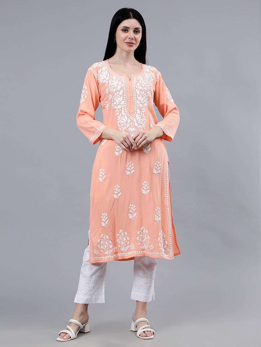 women chikankari three quarter sleeve straight kurta - 22053656 -  Standard Image - 1