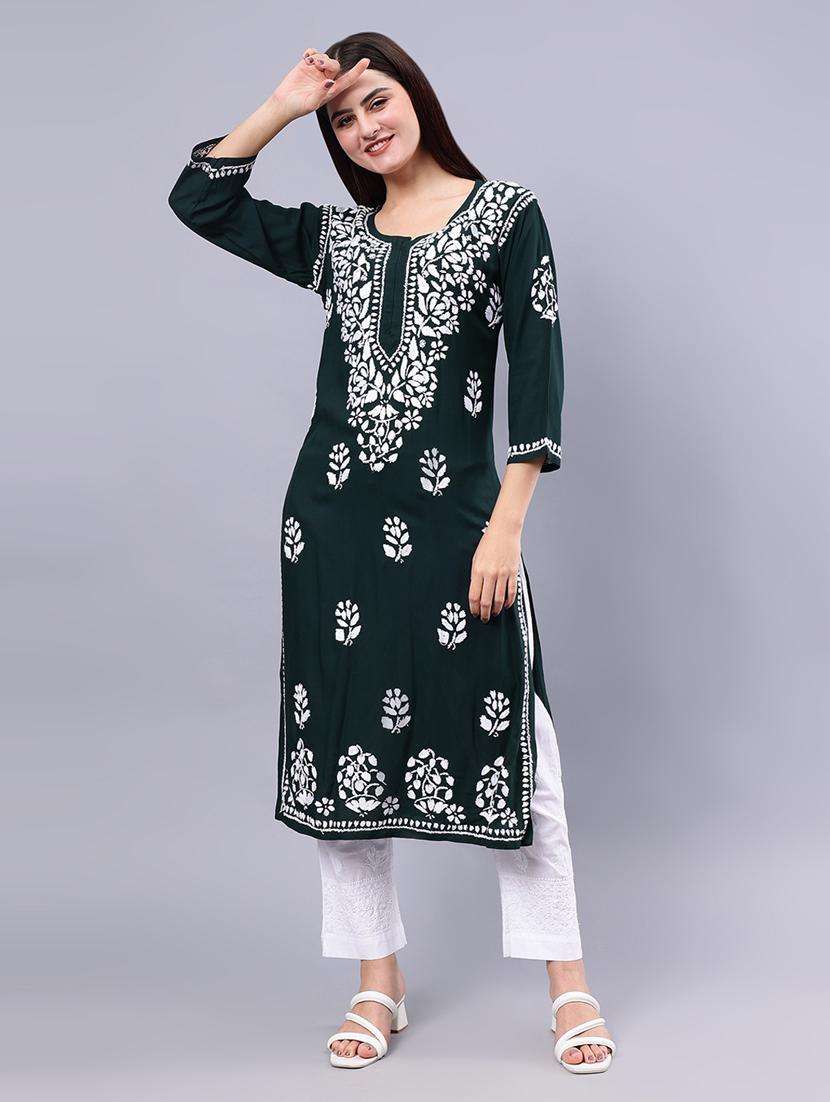 women chikankari three quarter sleeve straight kurta - 22053657 -  Standard Image - 1