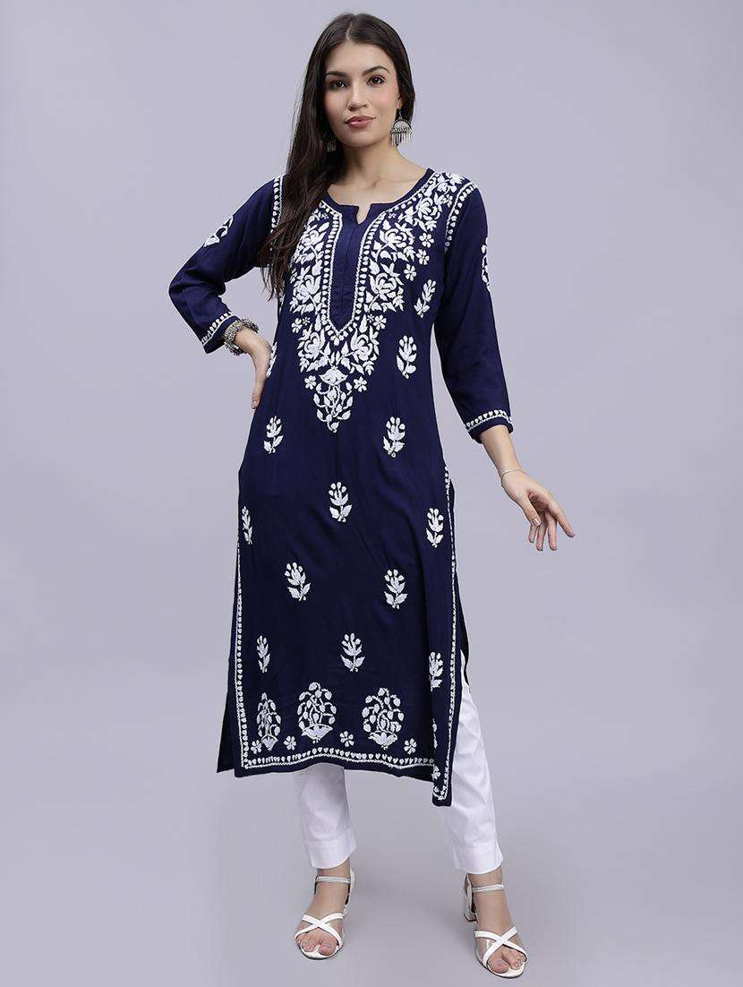 women chikankari three quarter sleeve straight kurta