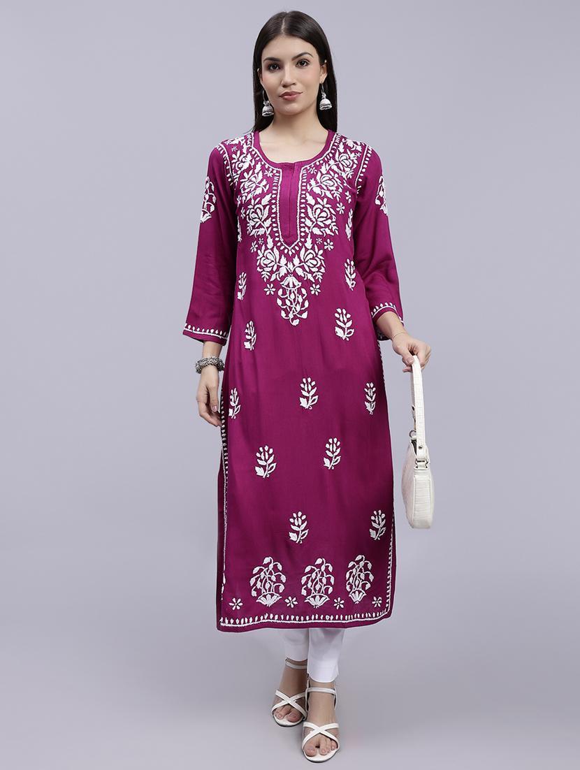 women chikankari three quarter sleeve straight kurta - 22053659 -  Standard Image - 1
