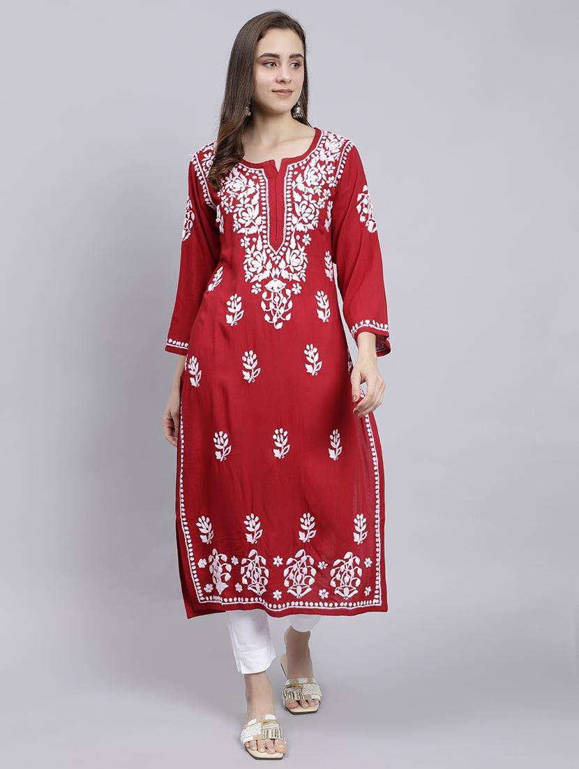 women chikankari three quarter sleeve straight kurta - 22053660 -  Standard Image - 1