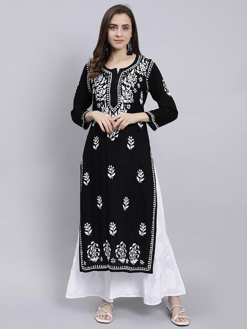 women chikankari three quarter sleeve straight kurta - 22053661 - Standard Image - 0