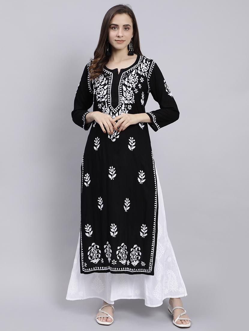 women chikankari three quarter sleeve straight kurta - 22053661 - Zoom Image - 0