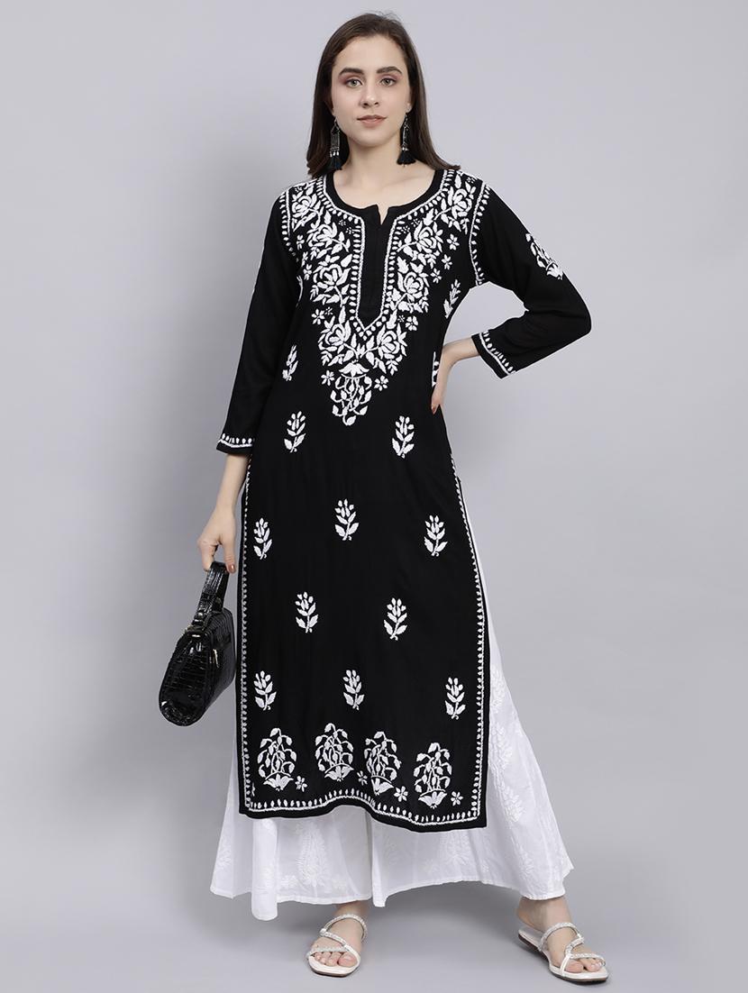 women chikankari three quarter sleeve straight kurta - 22053661 - Standard Image - 1