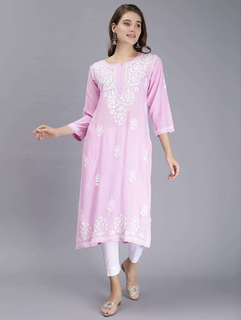 women chikankari three quarter sleeve straight kurta - 22053662 -  Standard Image - 1