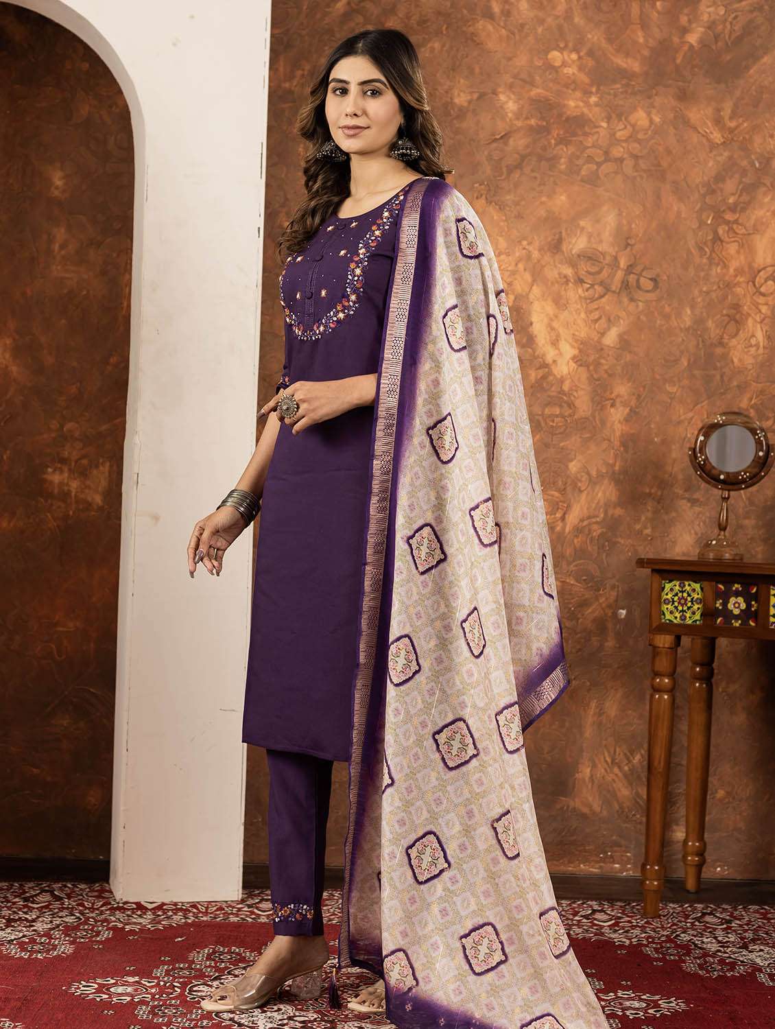 women embroidered three quarter sleeve kurta pant with dupatta set - 22053740 -  Standard Image - 1