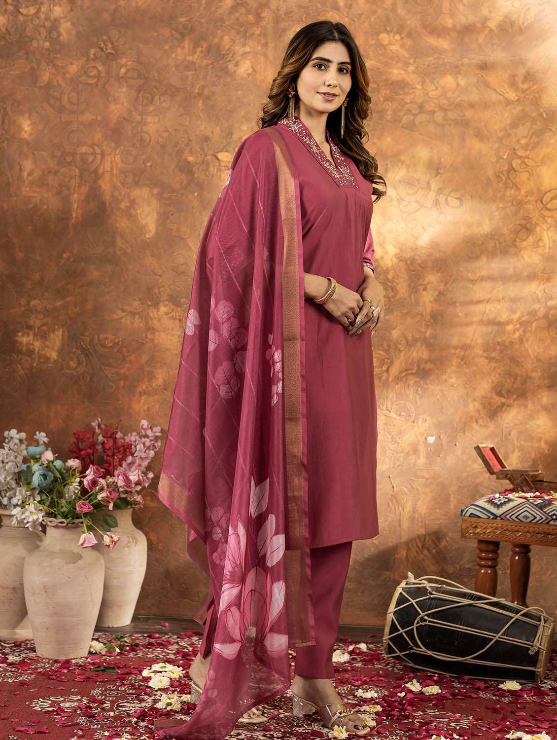 women embroidered three quarter sleeve kurta pant with dupatta set - 22053741 - Standard Image - 1