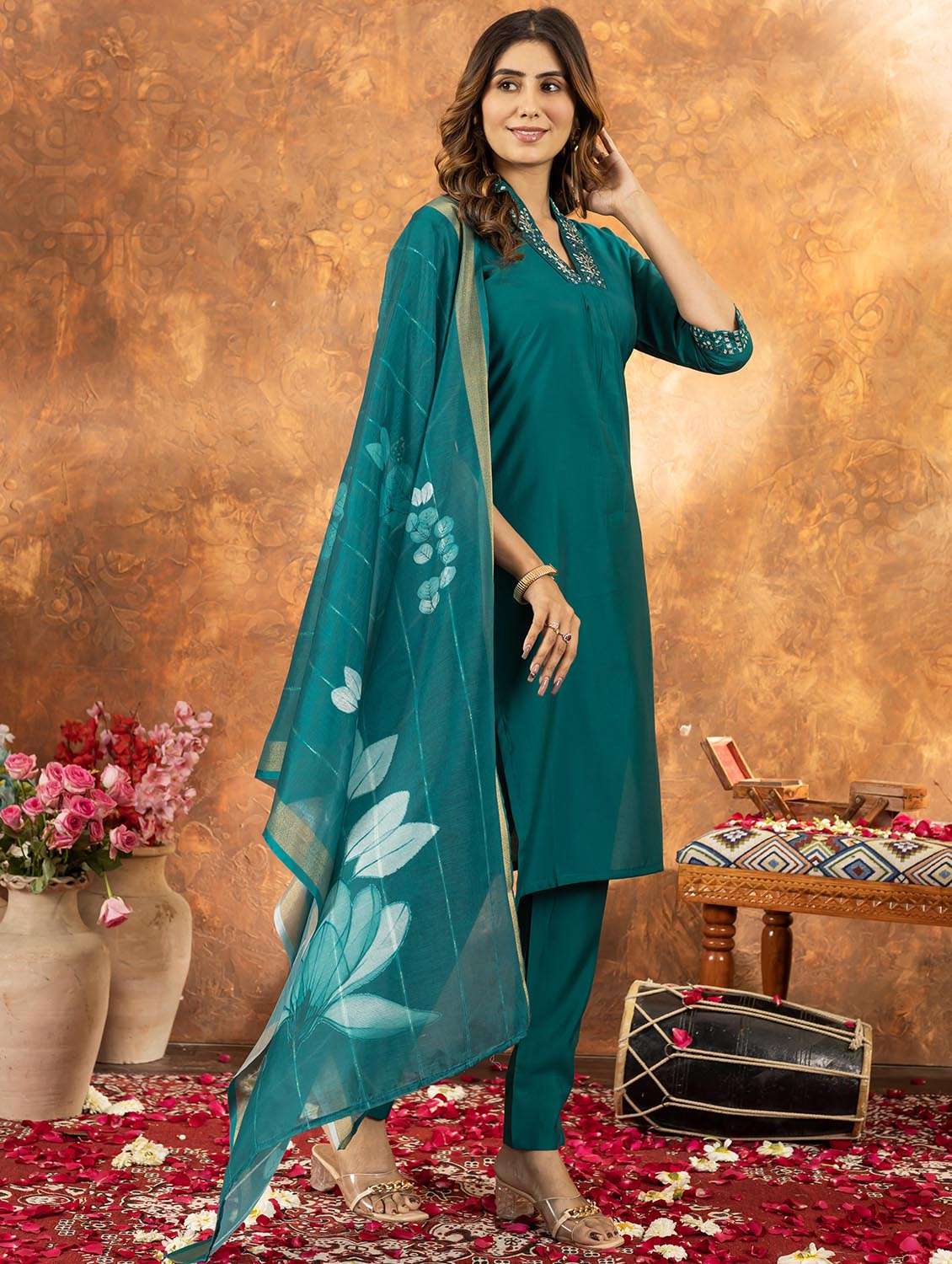 women embroidered three quarter sleeve kurta pant with dupatta set - 22053742 -  Standard Image - 1
