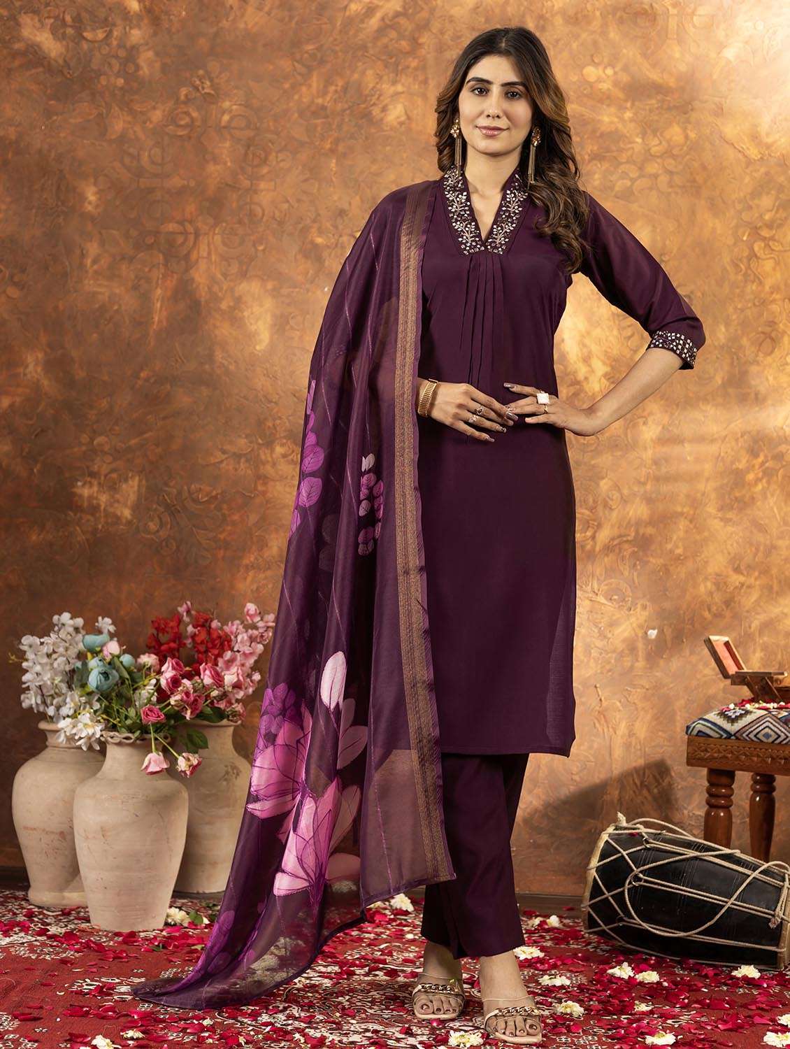 women embroidered three quarter sleeve kurta pant with dupatta set - 22053743 -  Standard Image - 1
