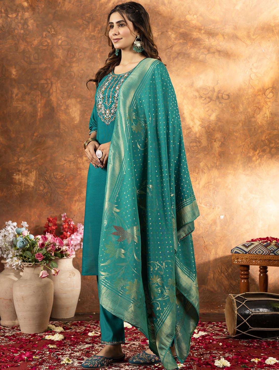 women embroidered three quarter sleeve kurta pant with dupatta set - 22053744 - Standard Image - 1