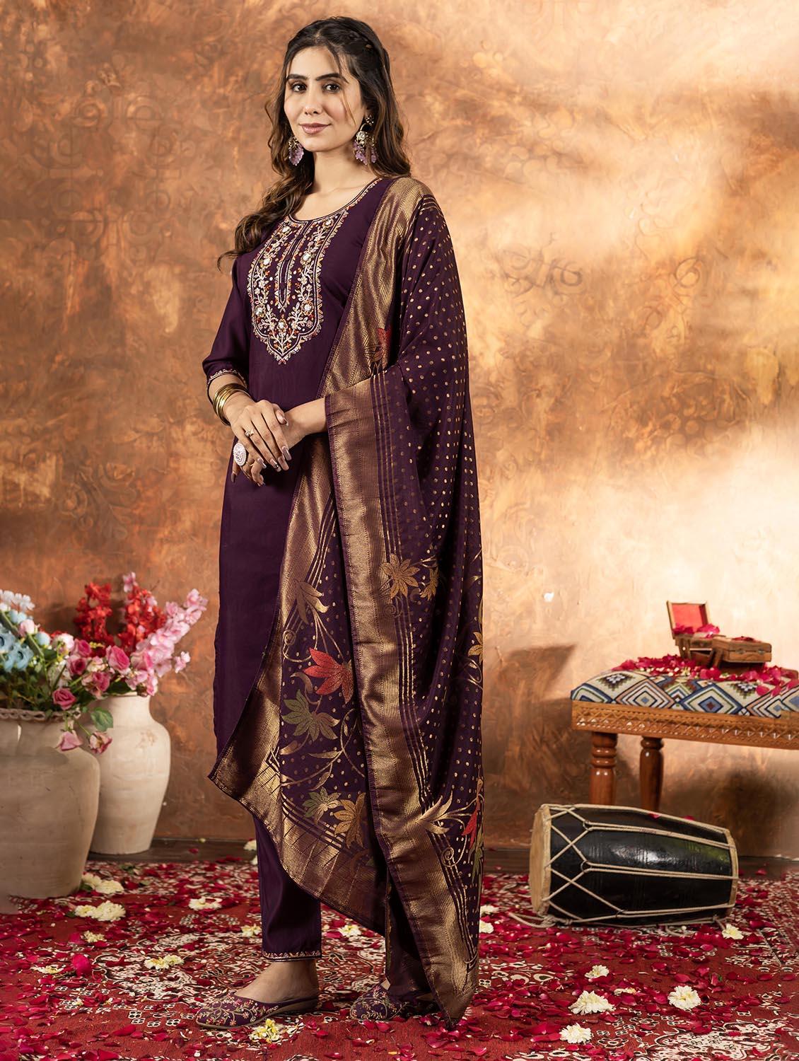 women embroidered three quarter sleeve kurta pant with dupatta set - 22053745 - Standard Image - 1