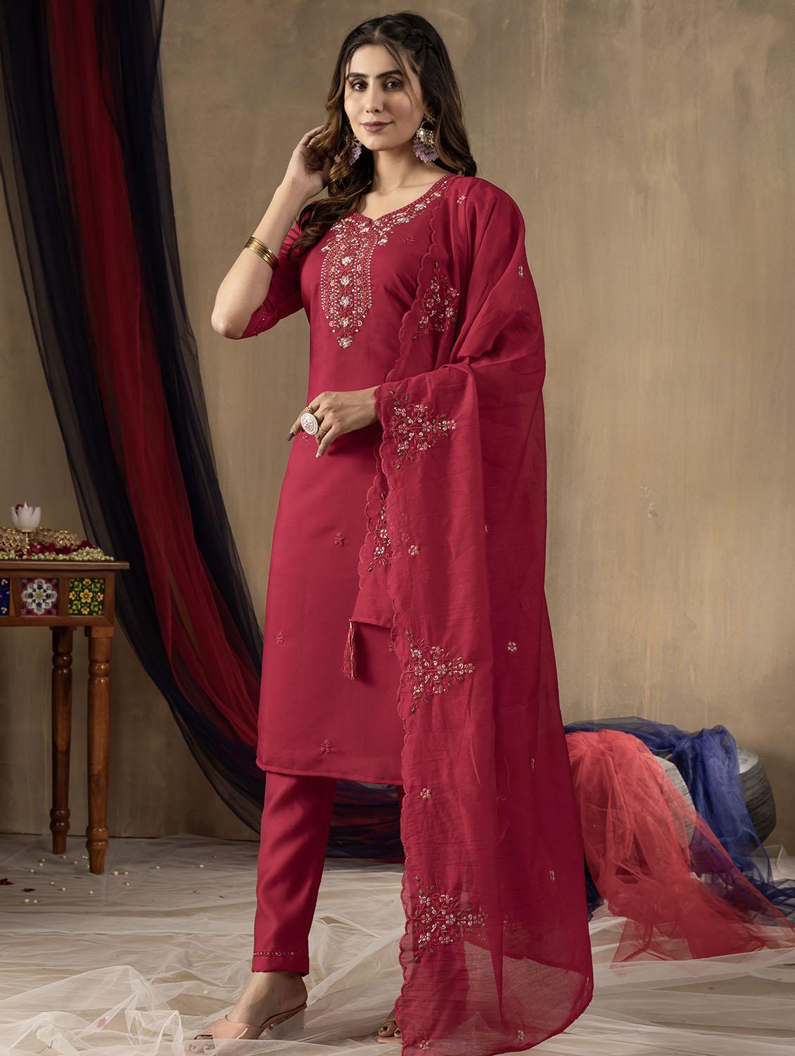women embroidered three quarter sleeve kurta pant with dupatta set - 22053747 - Standard Image - 1