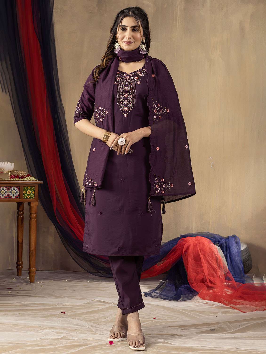 women embroidered three quarter sleeve kurta pant with dupatta set - 22053748 -  Standard Image - 1