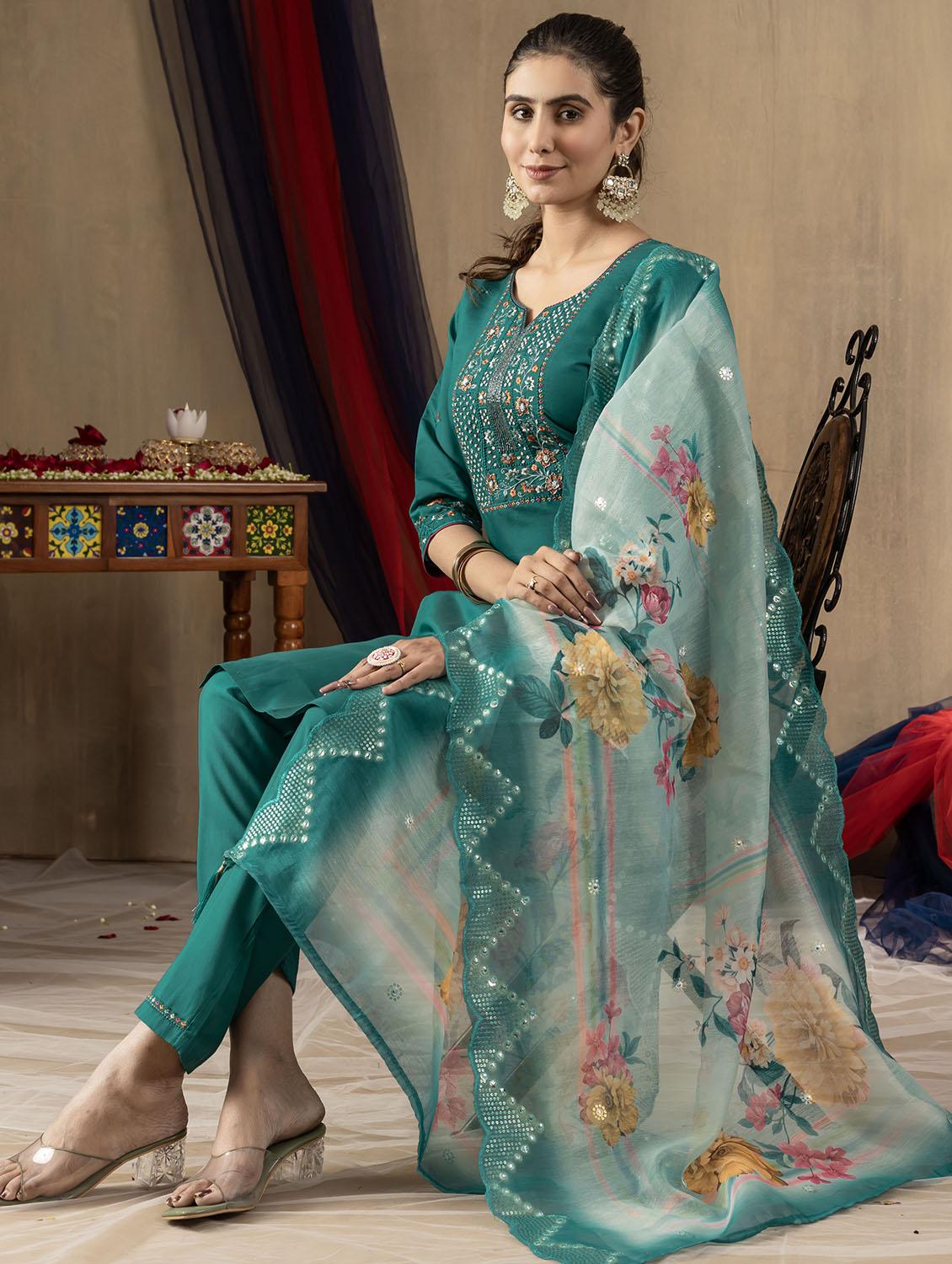 women embroidered three quarter sleeve kurta pant with dupatta set - 22053749 - Standard Image - 1