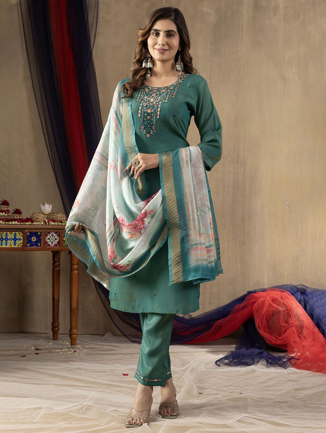 women embroidered three quarter sleeve kurta pant with dupatta set - 22053751 - Standard Image - 1
