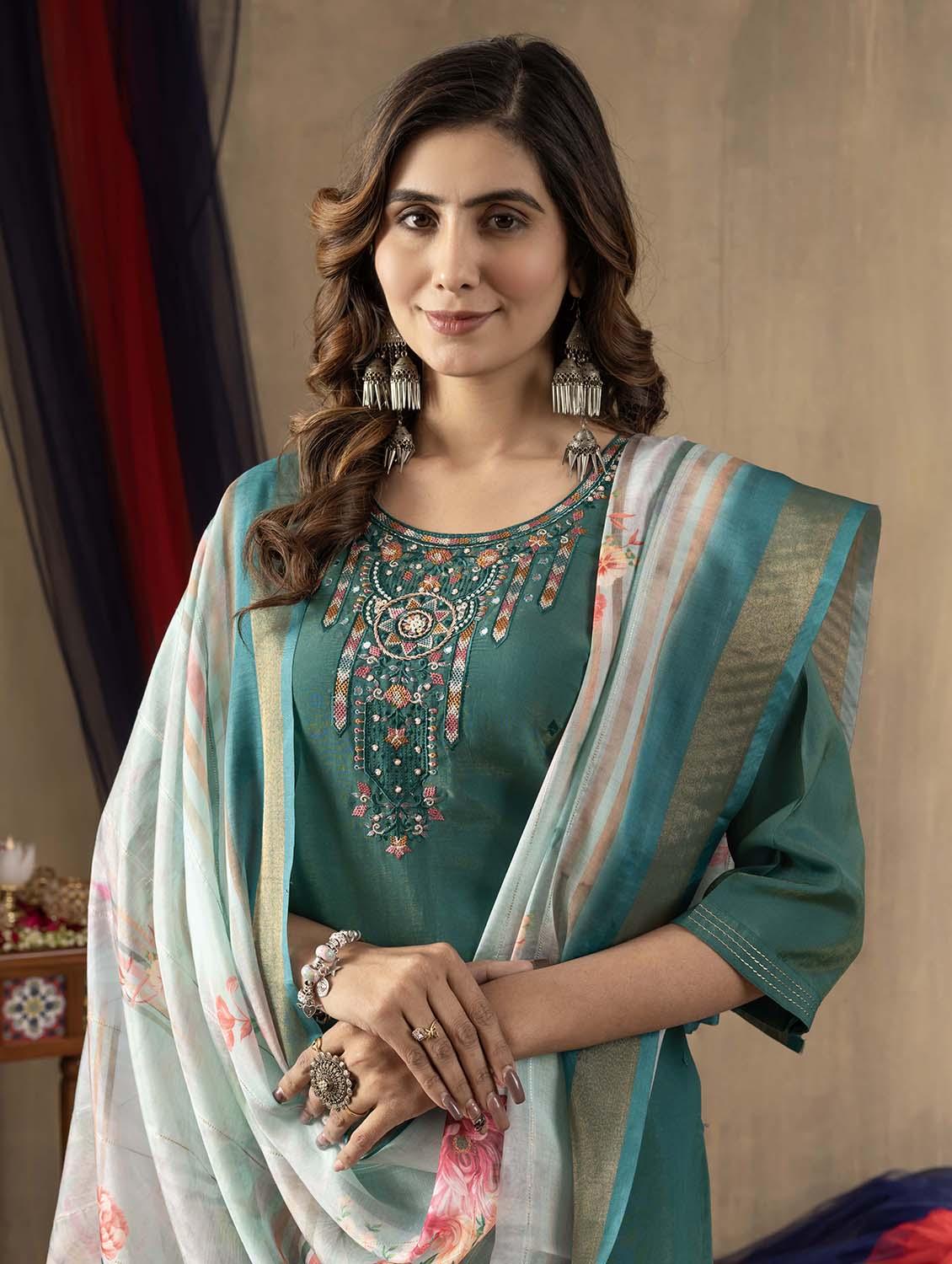women embroidered three quarter sleeve kurta pant with dupatta set - 22053751 - Standard Image - 4