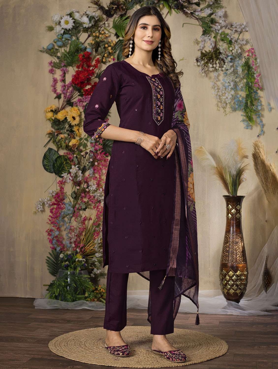 women embroidered three quarter sleeve kurta pant with dupatta set - 22053753 - Standard Image - 1