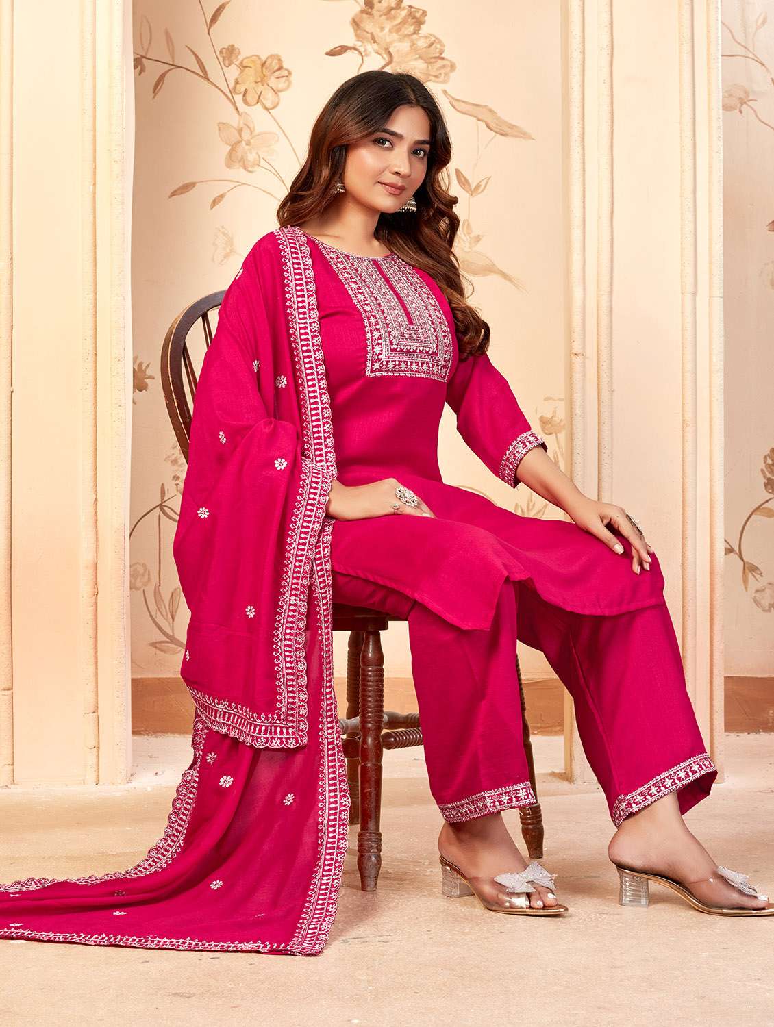 women embroidered three quarter sleeve kurta palazzo with dupatta set - 22053757 -  Standard Image - 1