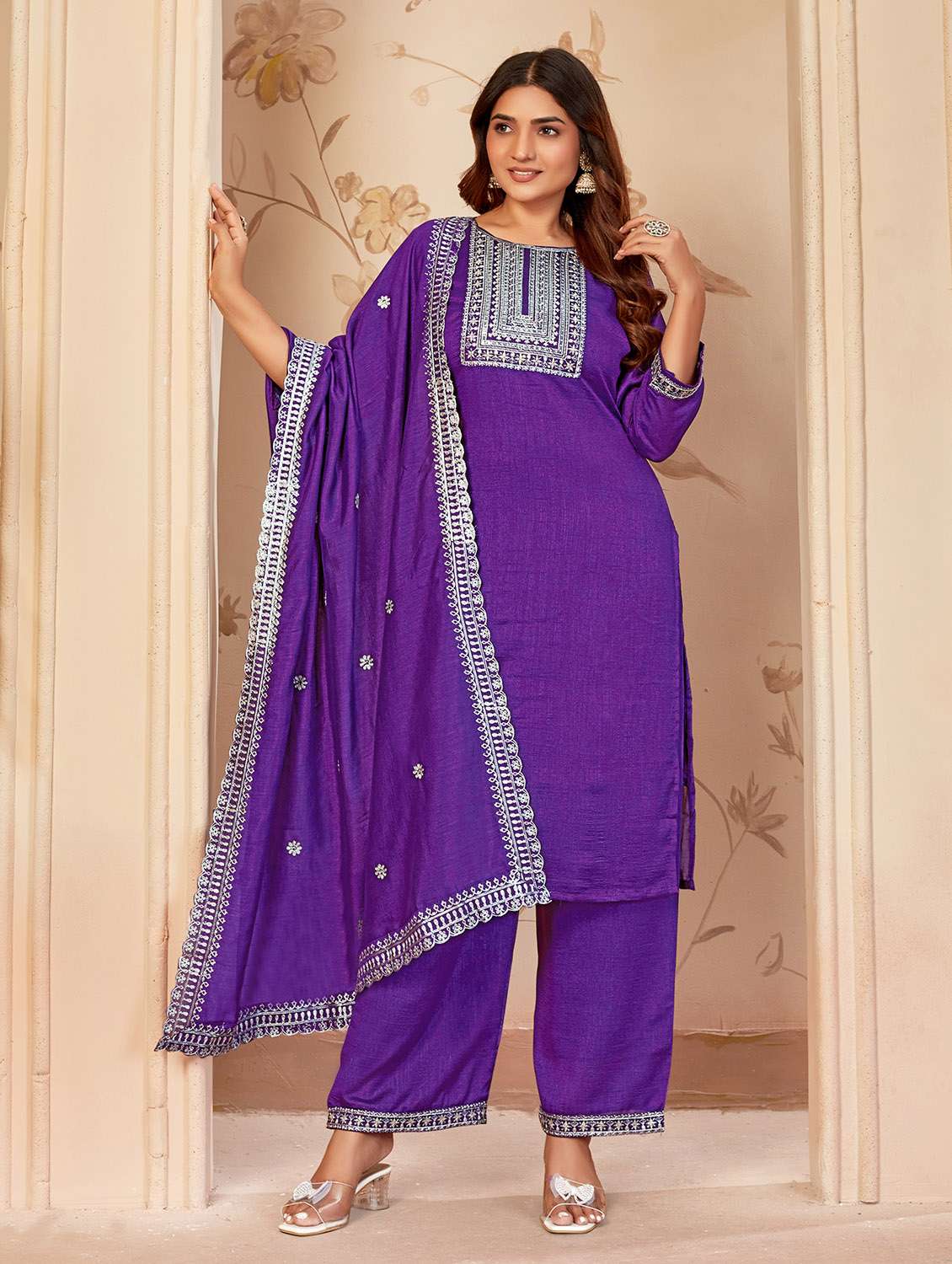 women embroidered three quarter sleeve kurta palazzo with dupatta set - 22053758 -  Standard Image - 1