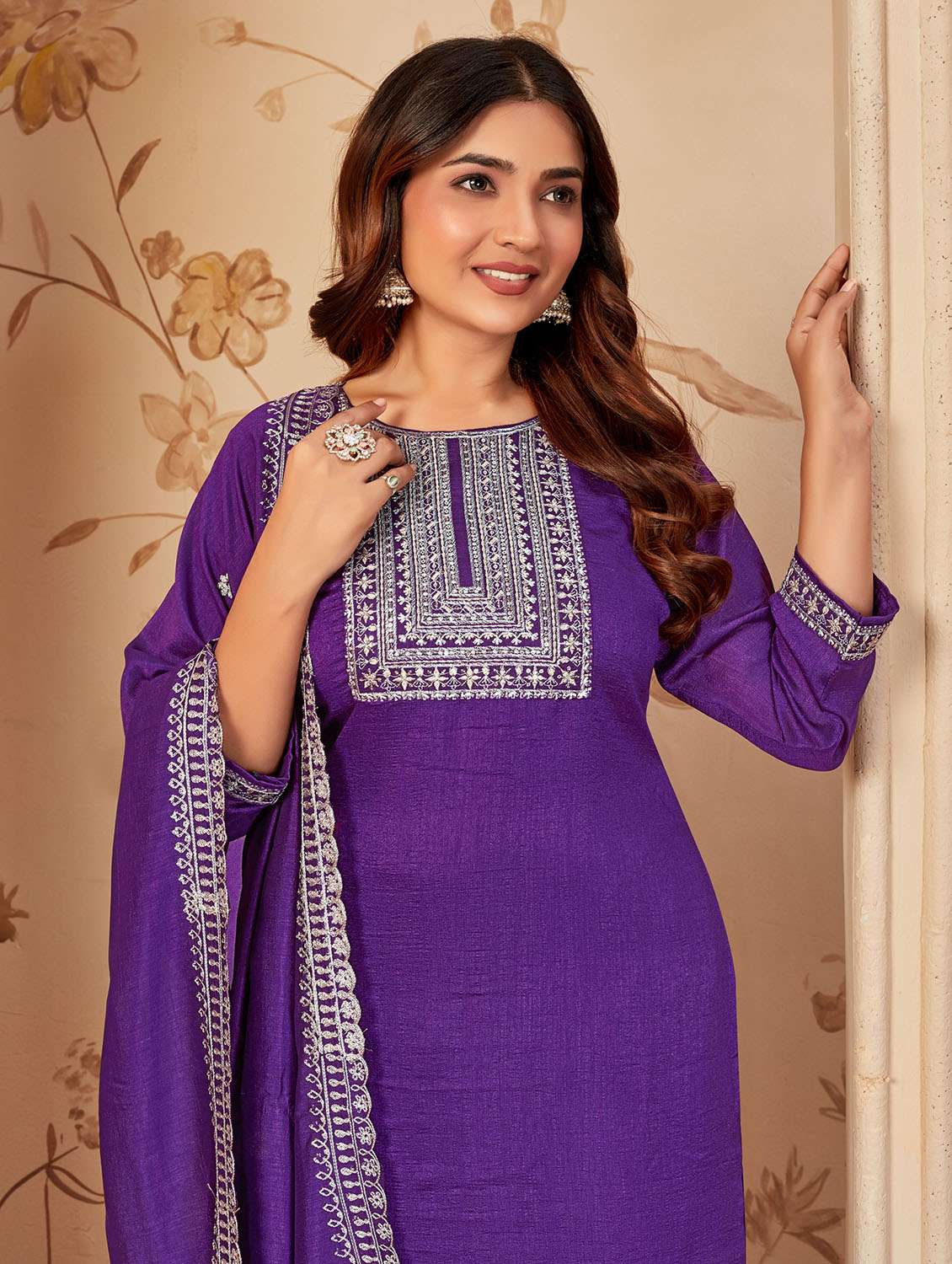 women embroidered three quarter sleeve kurta palazzo with dupatta set - 22053758 -  Standard Image - 4