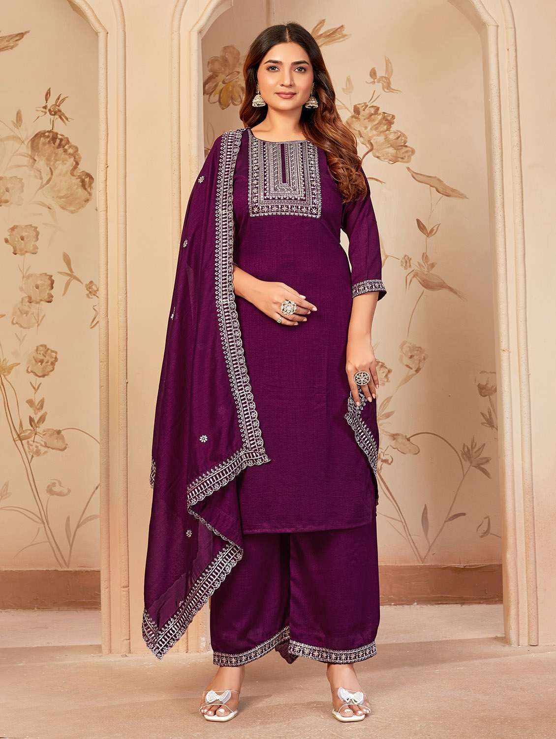 women embroidered three quarter sleeve kurta palazzo with dupatta set - 22053759 - Standard Image - 1