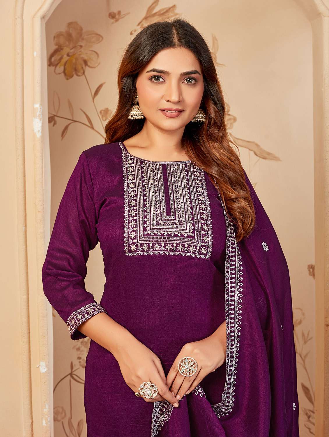 women embroidered three quarter sleeve kurta palazzo with dupatta set - 22053759 - Standard Image - 4