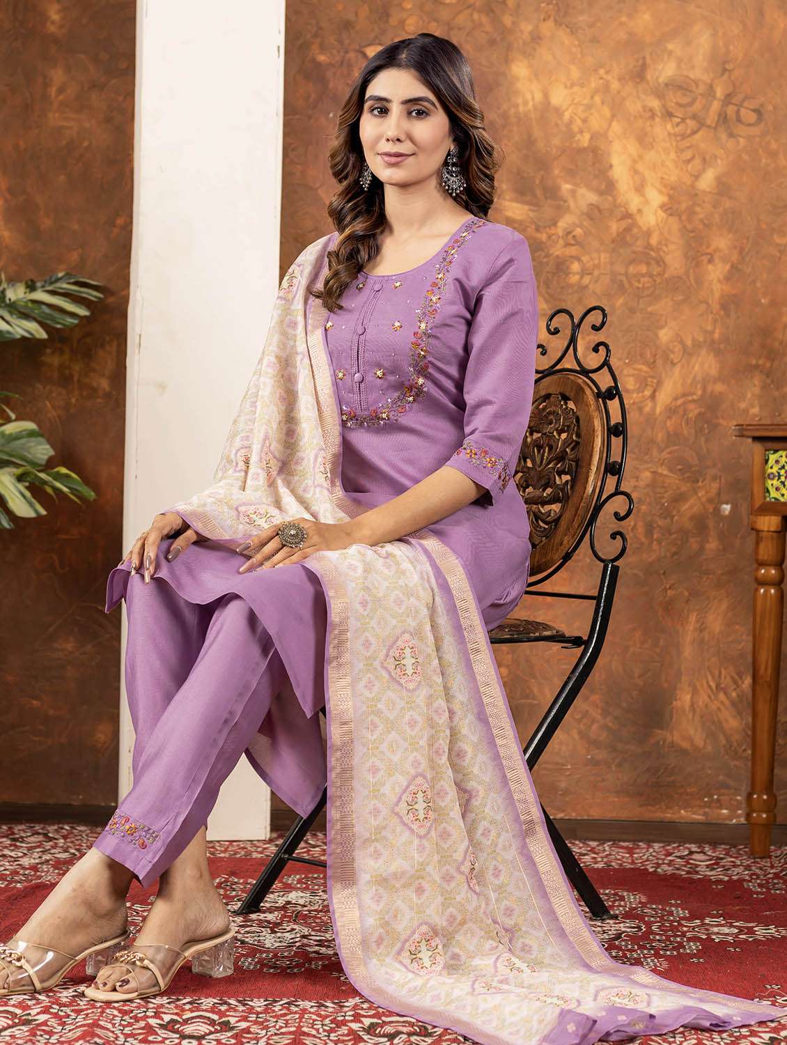 women embroidered three quarter sleeve kurta pant with dupatta set - 22053763 -  Standard Image - 1