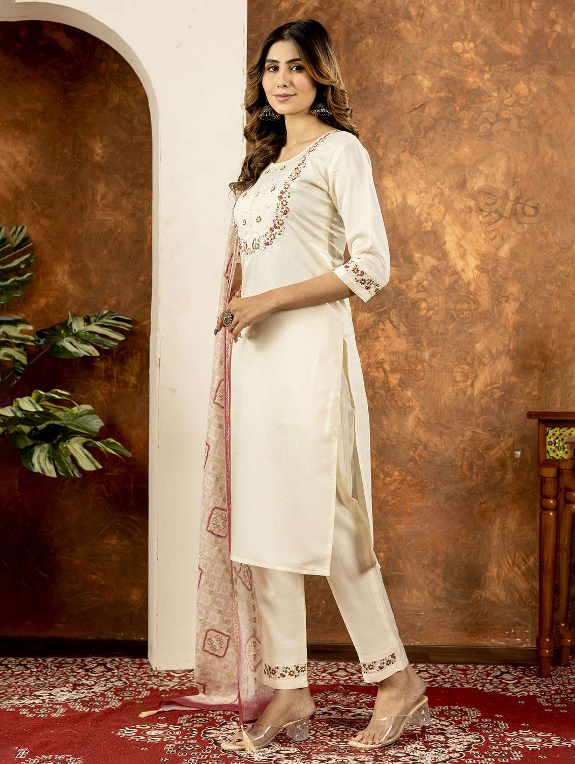 women embroidered three quarter sleeve kurta pant with dupatta set - 22053764 - Standard Image - 1