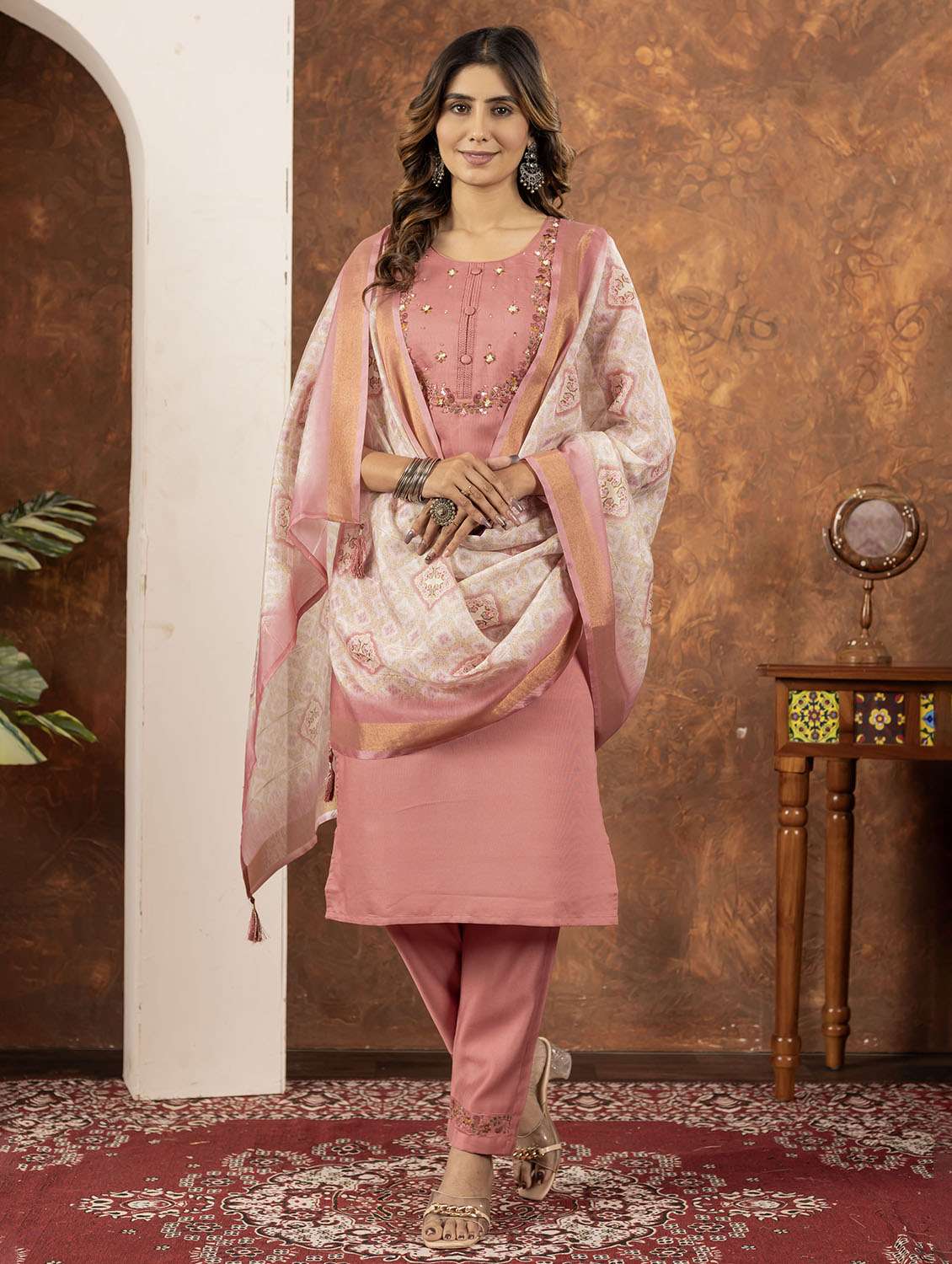 women embroidered three quarter sleeve kurta pant with dupatta set - 22053765 -  Standard Image - 1