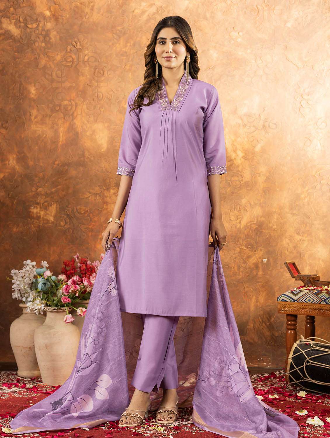 women embroidered three quarter sleeve kurta pant with dupatta set - 22053768 -  Standard Image - 1