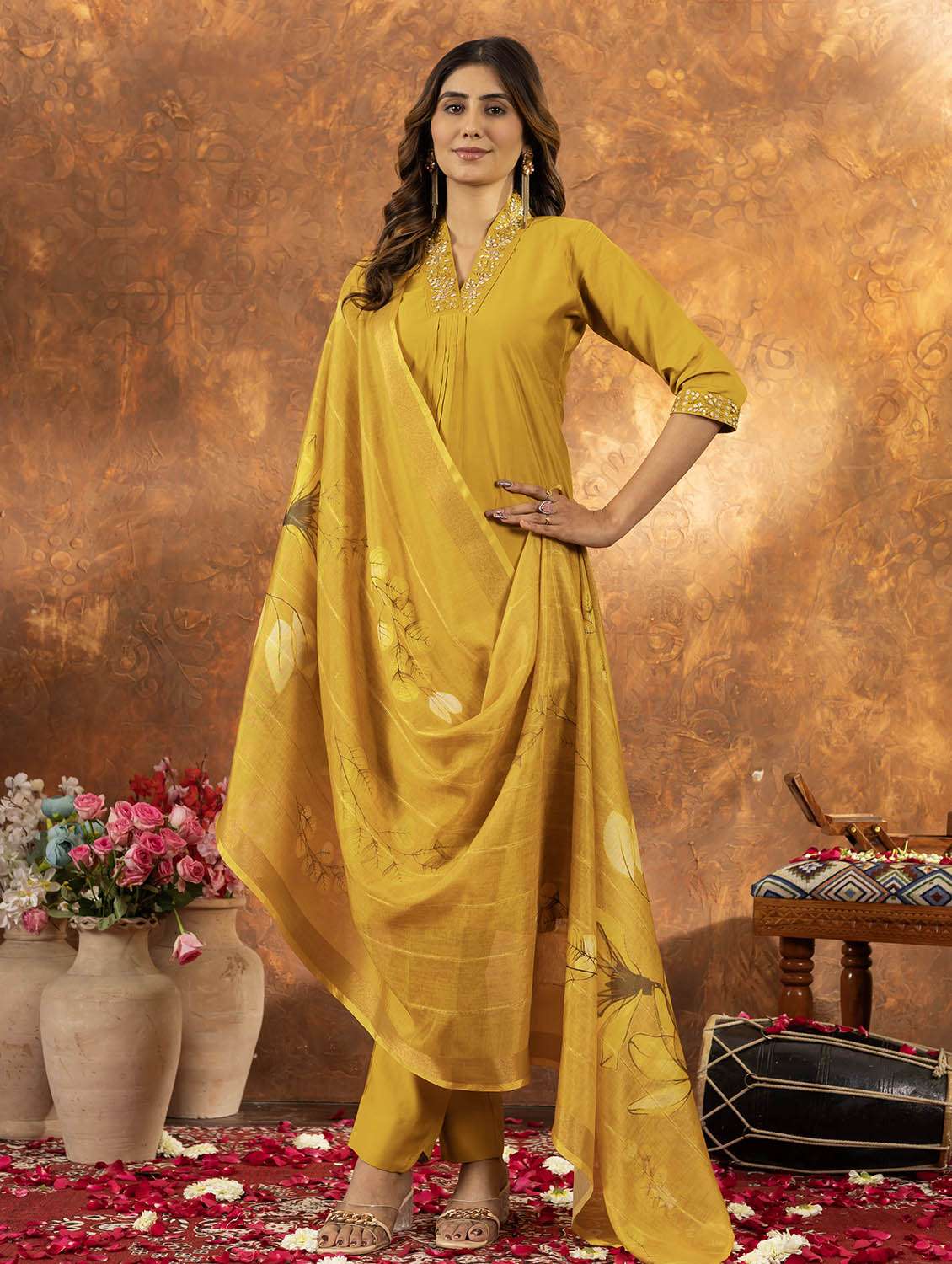 women embroidered three quarter sleeve kurta pant with dupatta set - 22053769 -  Standard Image - 1