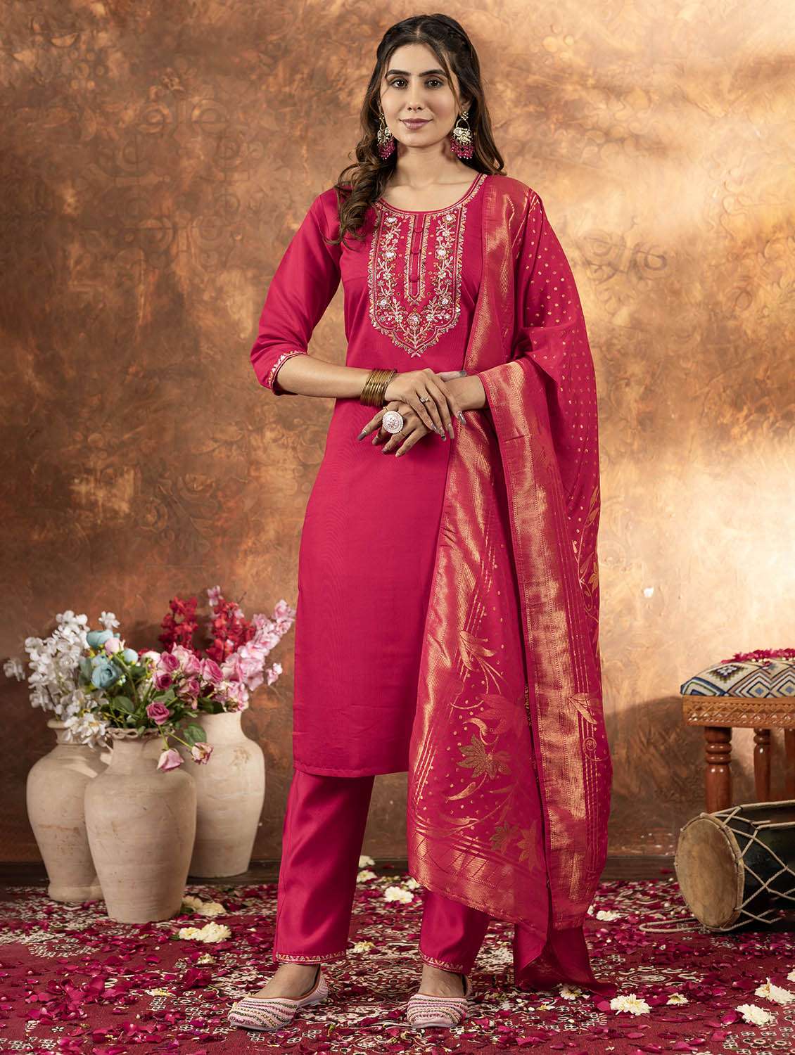 women embroidered three quarter sleeve kurta pant with dupatta set