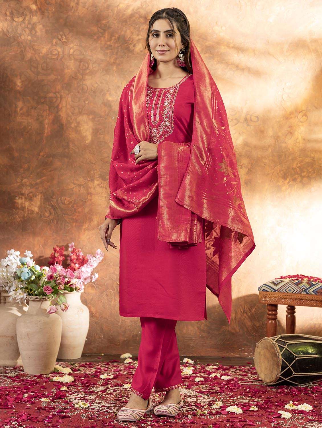 women embroidered three quarter sleeve kurta pant with dupatta set - 22053771 - Standard Image - 1