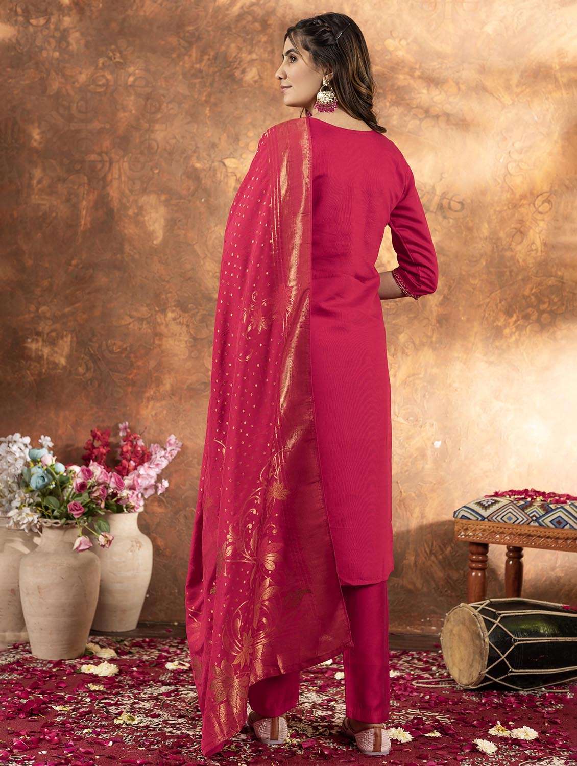 women embroidered three quarter sleeve kurta pant with dupatta set - 22053771 - Standard Image - 4
