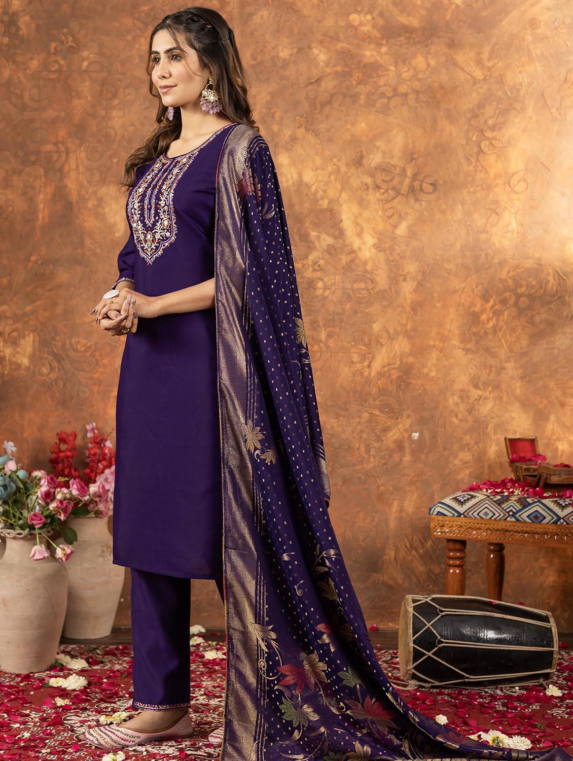 women embroidered three quarter sleeve kurta pant with dupatta set - 22053772 - Standard Image - 1