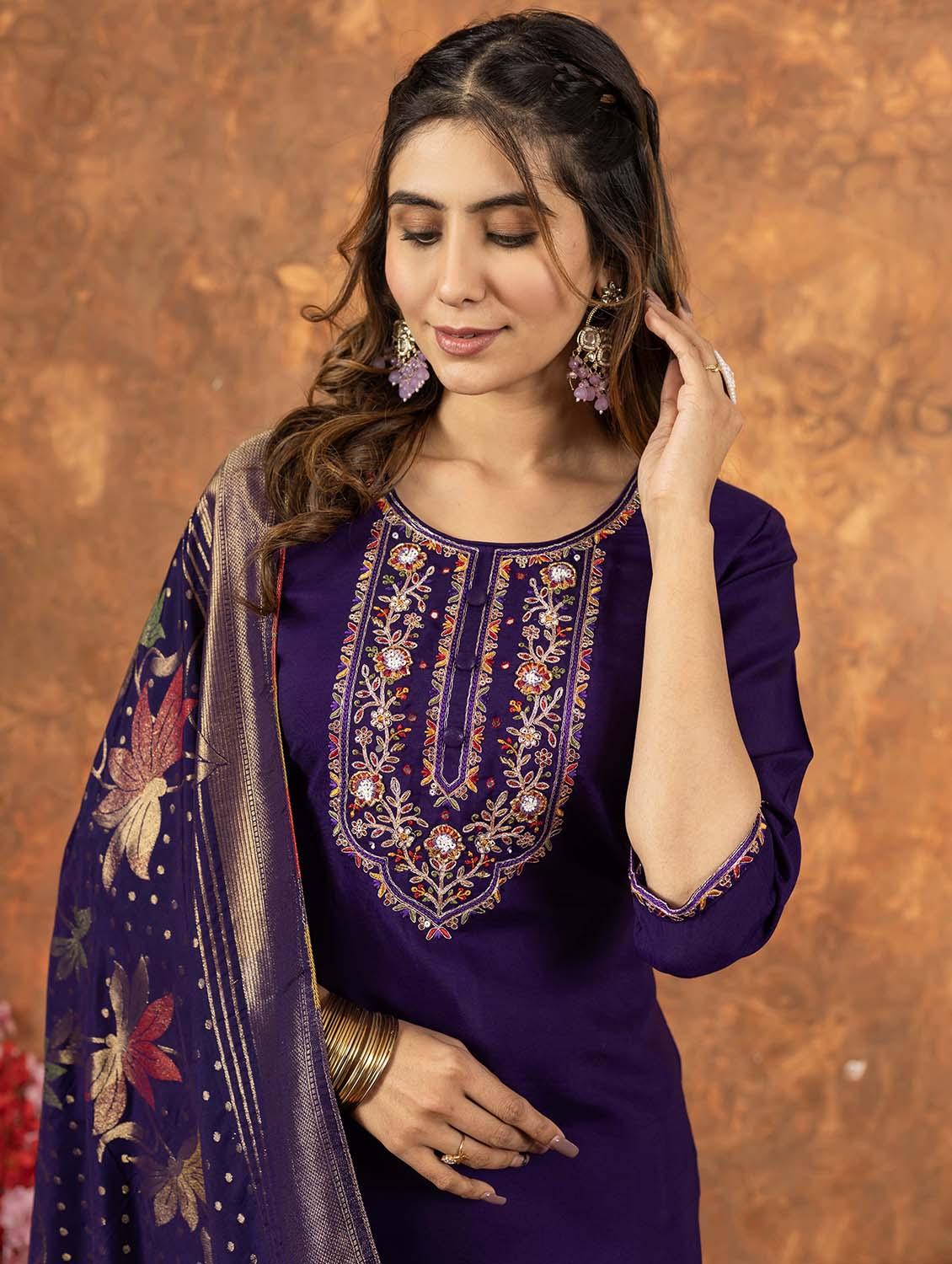 women embroidered three quarter sleeve kurta pant with dupatta set - 22053772 - Standard Image - 4