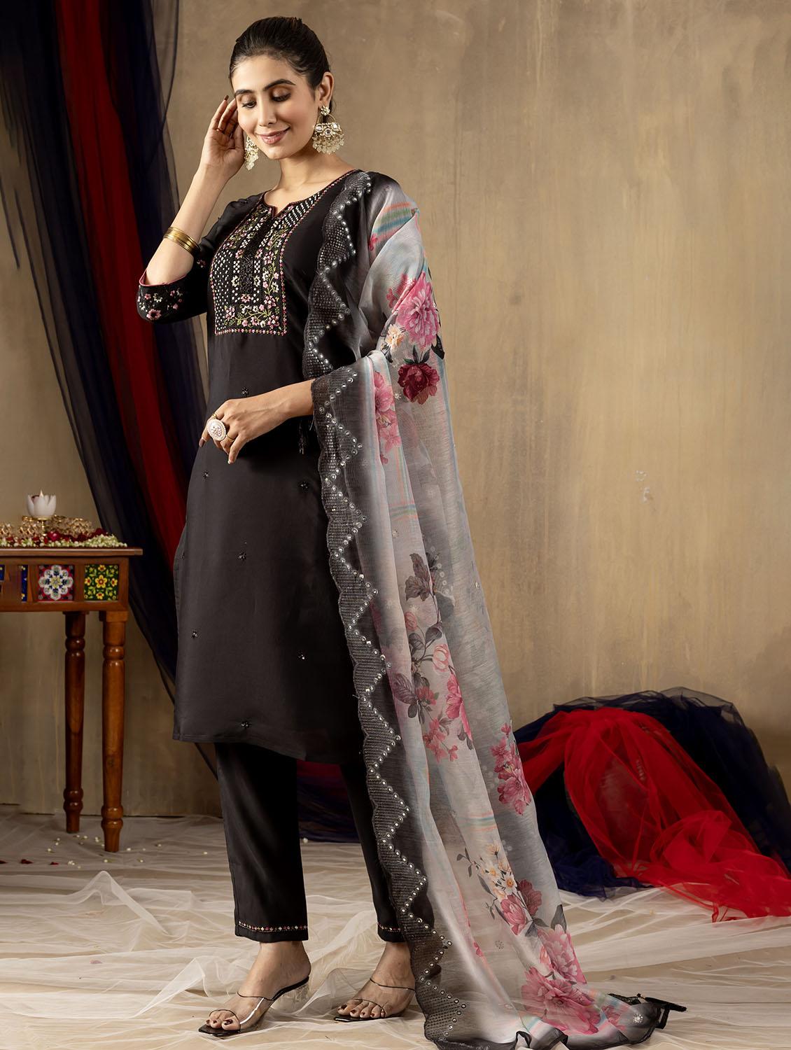 women embroidered three quarter sleeve kurta pant with dupatta set - 22053775 - Standard Image - 1