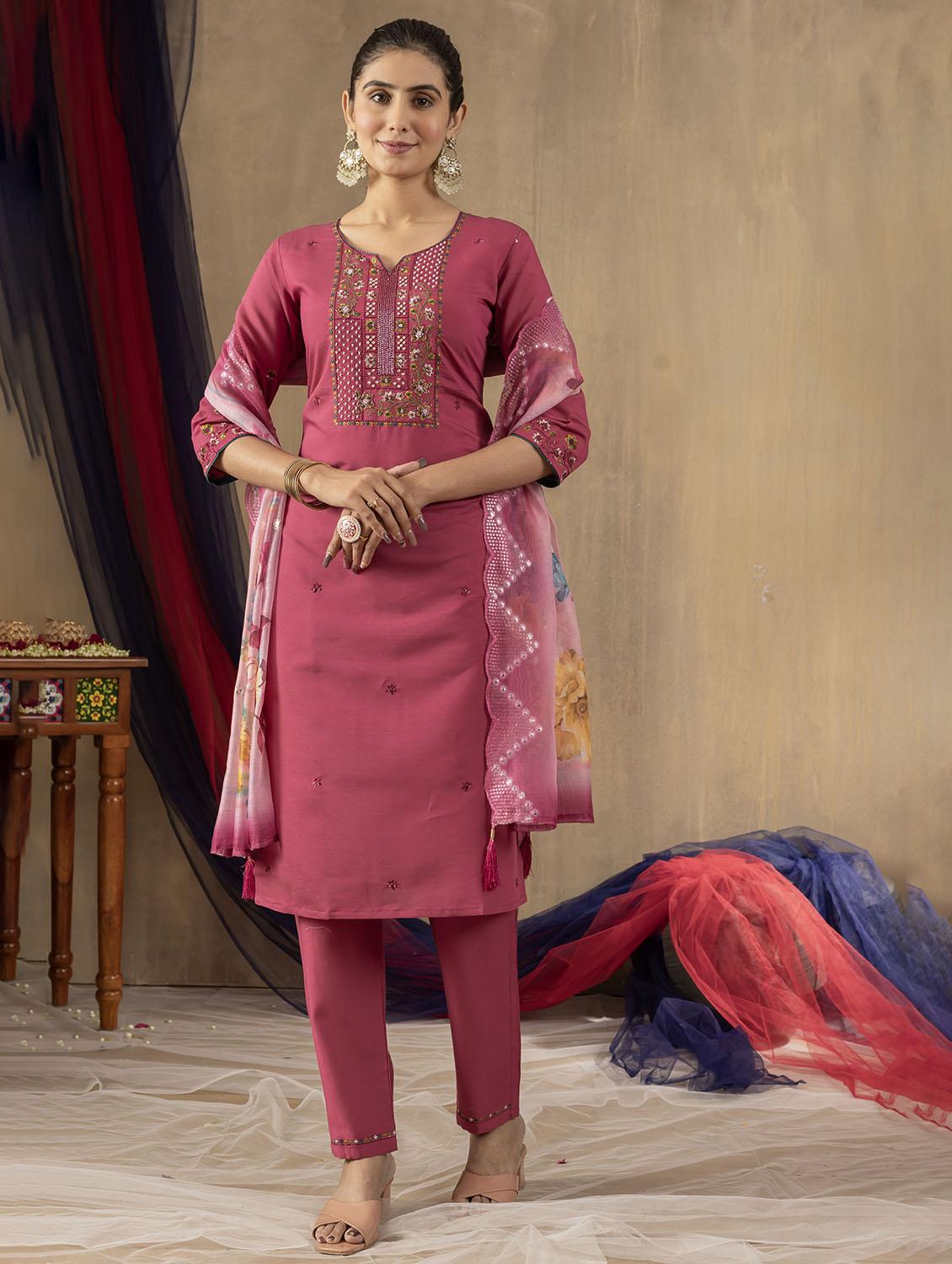 women embroidered three quarter sleeve kurta pant with dupatta set - 22053776 - Standard Image - 1