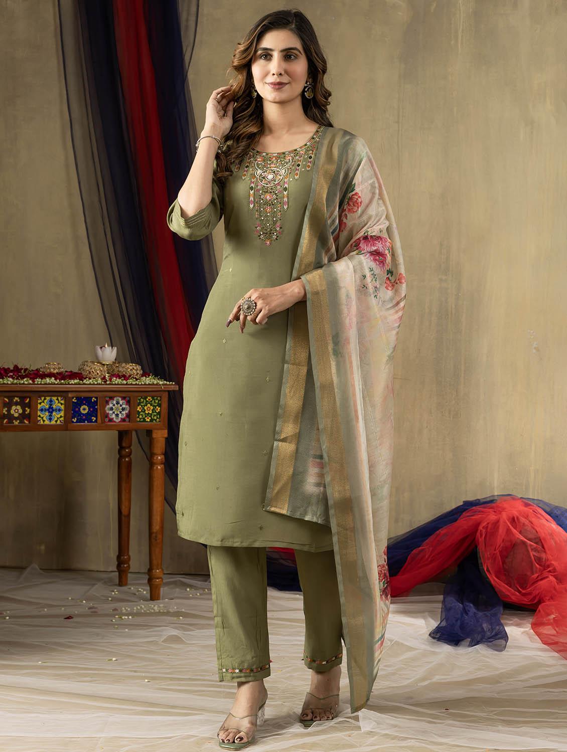 women embroidered three quarter sleeve kurta pant with dupatta set - 22053778 - Standard Image - 1