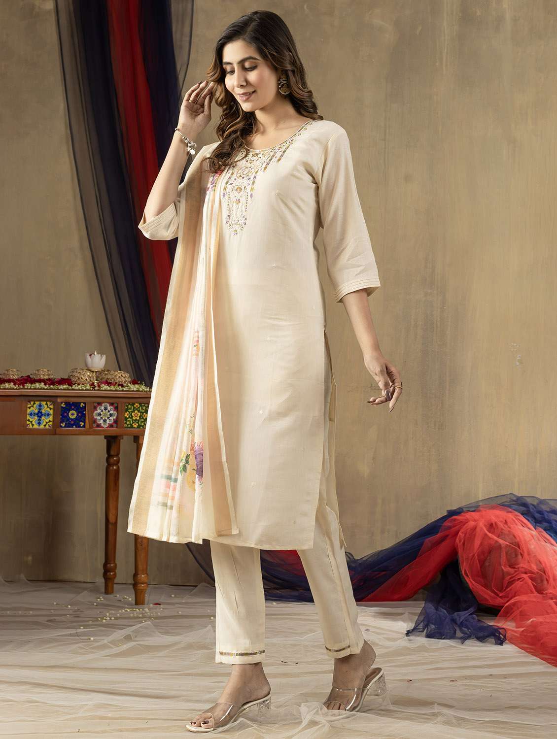 women embroidered three quarter sleeve kurta pant with dupatta set - 22053779 - Standard Image - 1