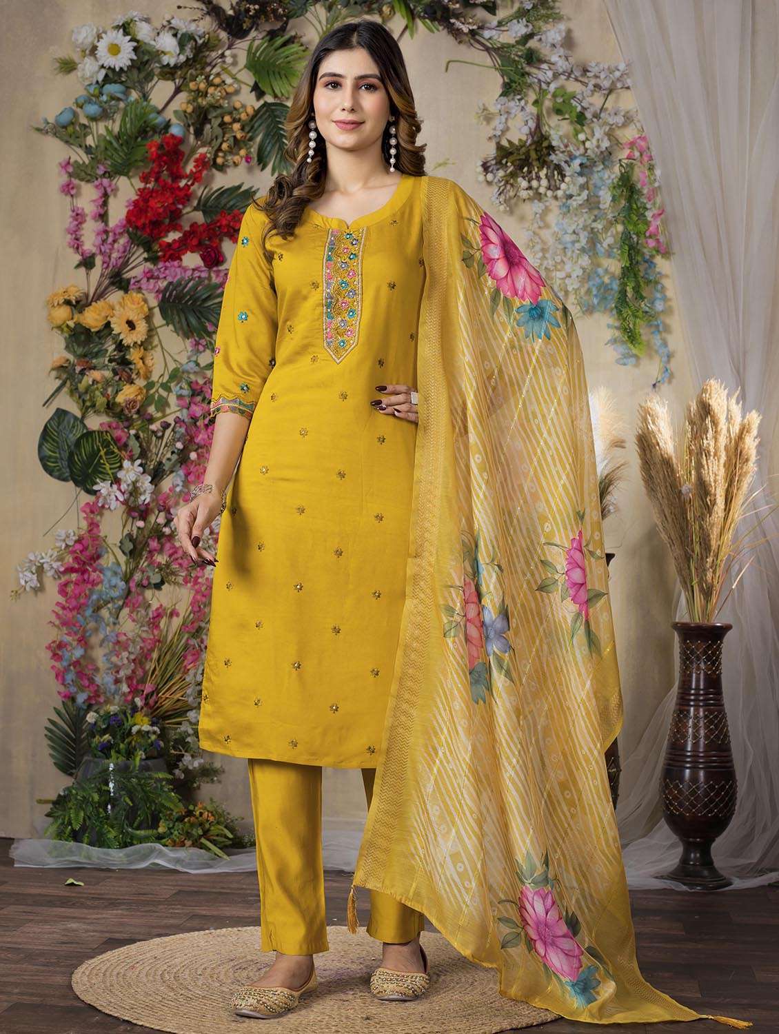 women embroidered three quarter sleeve kurta pant with dupatta set - 22053780 - Standard Image - 1